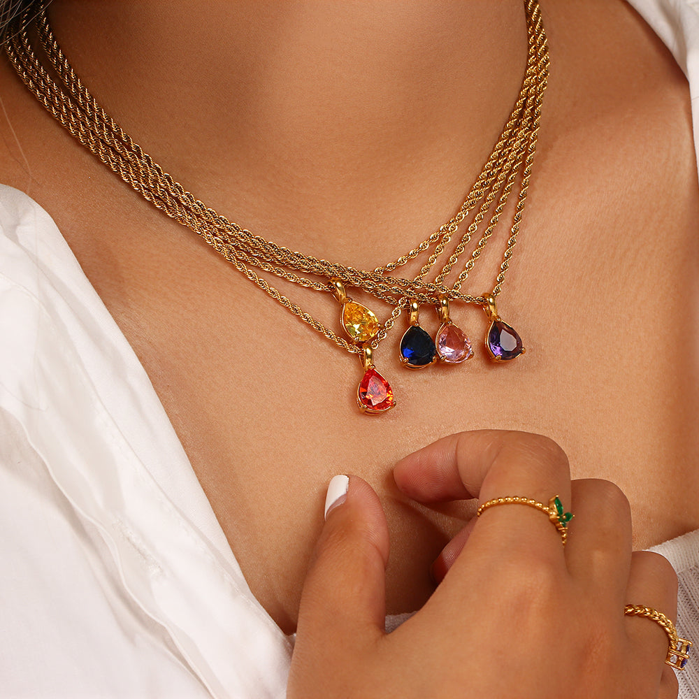 Waterdrop Birthstone Rope Chain Necklace