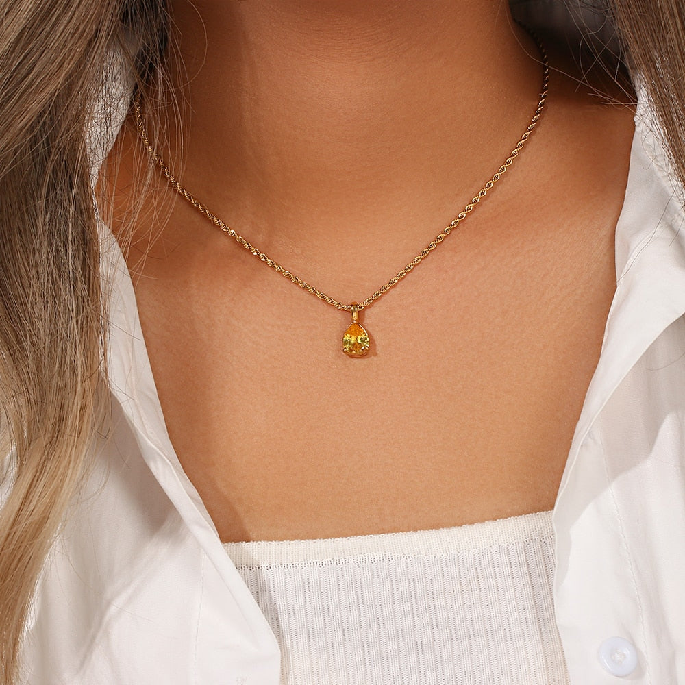 Waterdrop Birthstone Rope Chain Necklace